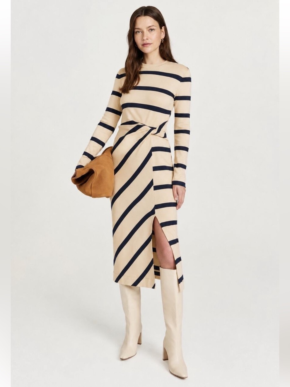 NEW Tanya Taylor cody cream tan and navy blue striped long sleeve midi dress M